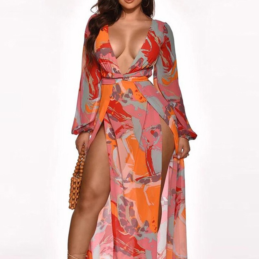 ChicMe High Slit Plunge Lantern Sleeve Maxi Dress